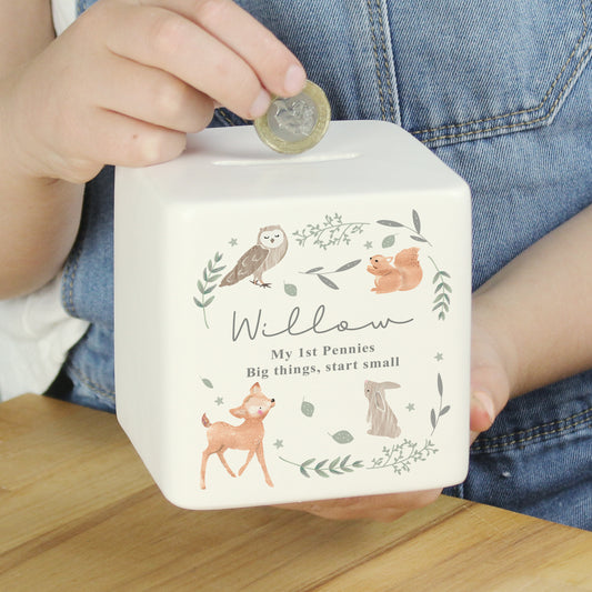 Personalised Woodland Animals Ceramic Square Money Box