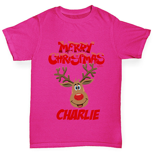 Merry Christmas Reindeer Personalised Girl's T-Shirt