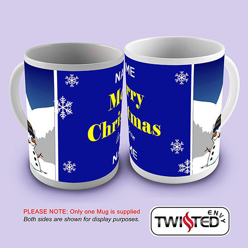 Merry Christmas Snowman Blue Personalised Mug