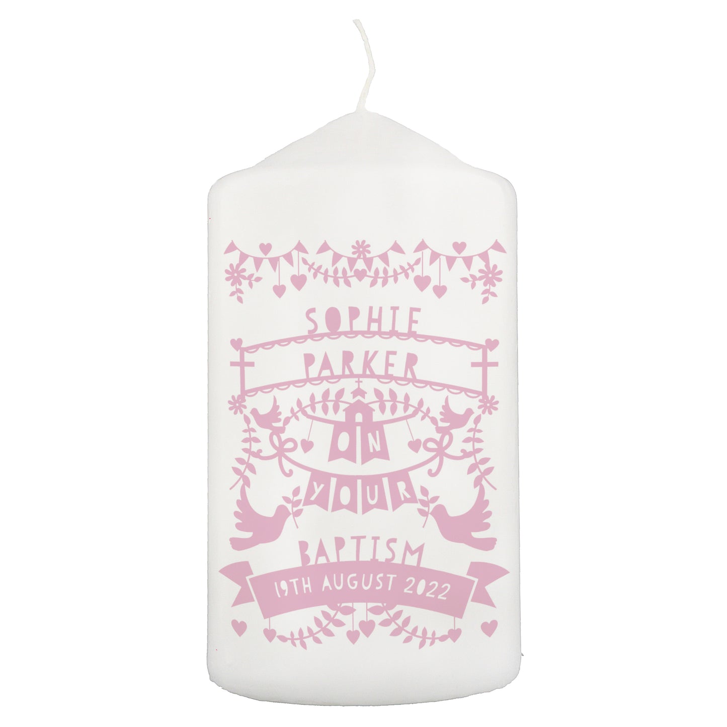 Personalised Pink Papercut Style Pillar Candle