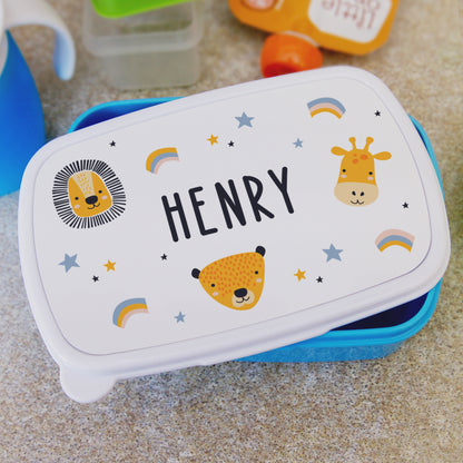 Personalised Safari Animals Name Only Blue Lunch Box