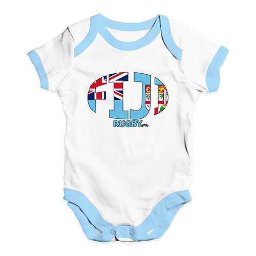 Baby Boy Clothes Fiji Rugby Ball Flag Baby Unisex Baby Grow Bodysuit 6-12 Months White Blue Trim