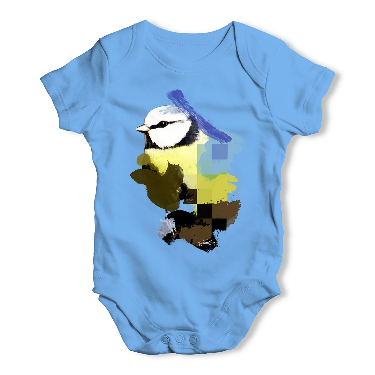 Watercolour Pixel Blue Tit Bird Baby Grow Bodysuit