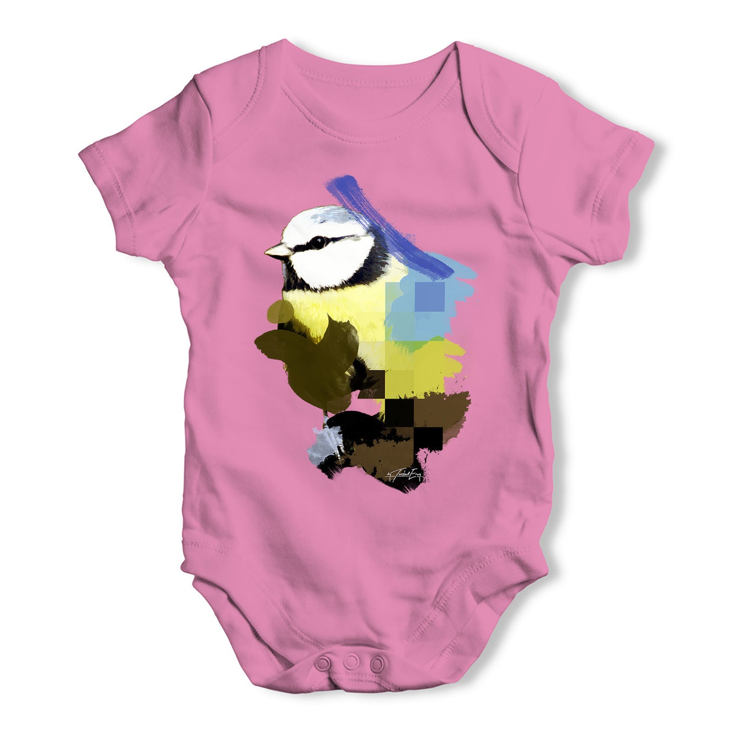 Watercolour Pixel Blue Tit Bird Baby Grow Bodysuit