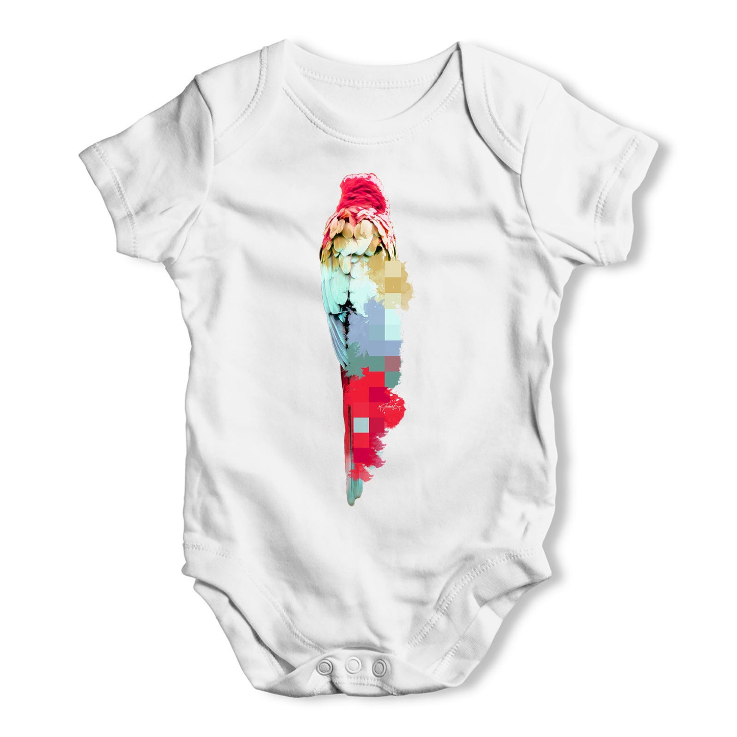Watercolour Pixel McCaw Parrot Baby Grow Bodysuit