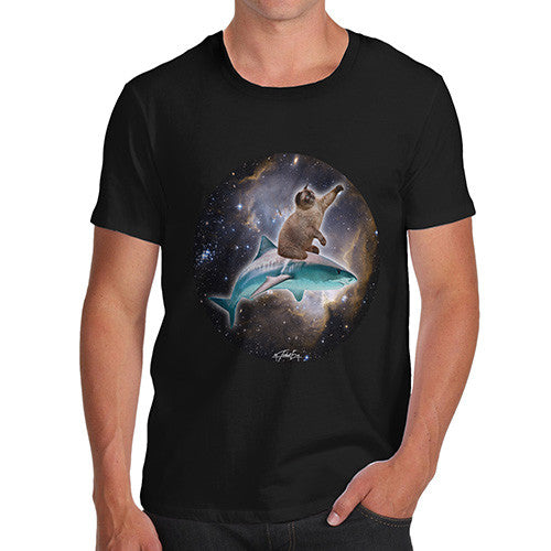 Men's Cat Riding A Shark In Space T-Shirt