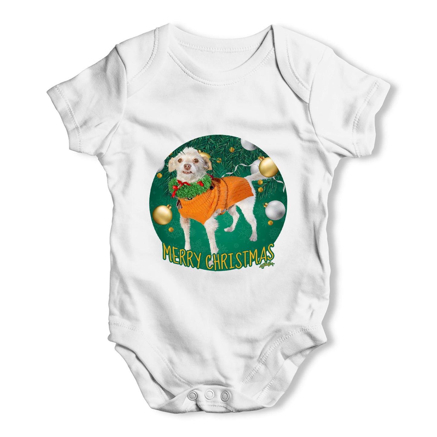 Merry Christmas Dog Bauble Baby Grow Bodysuit