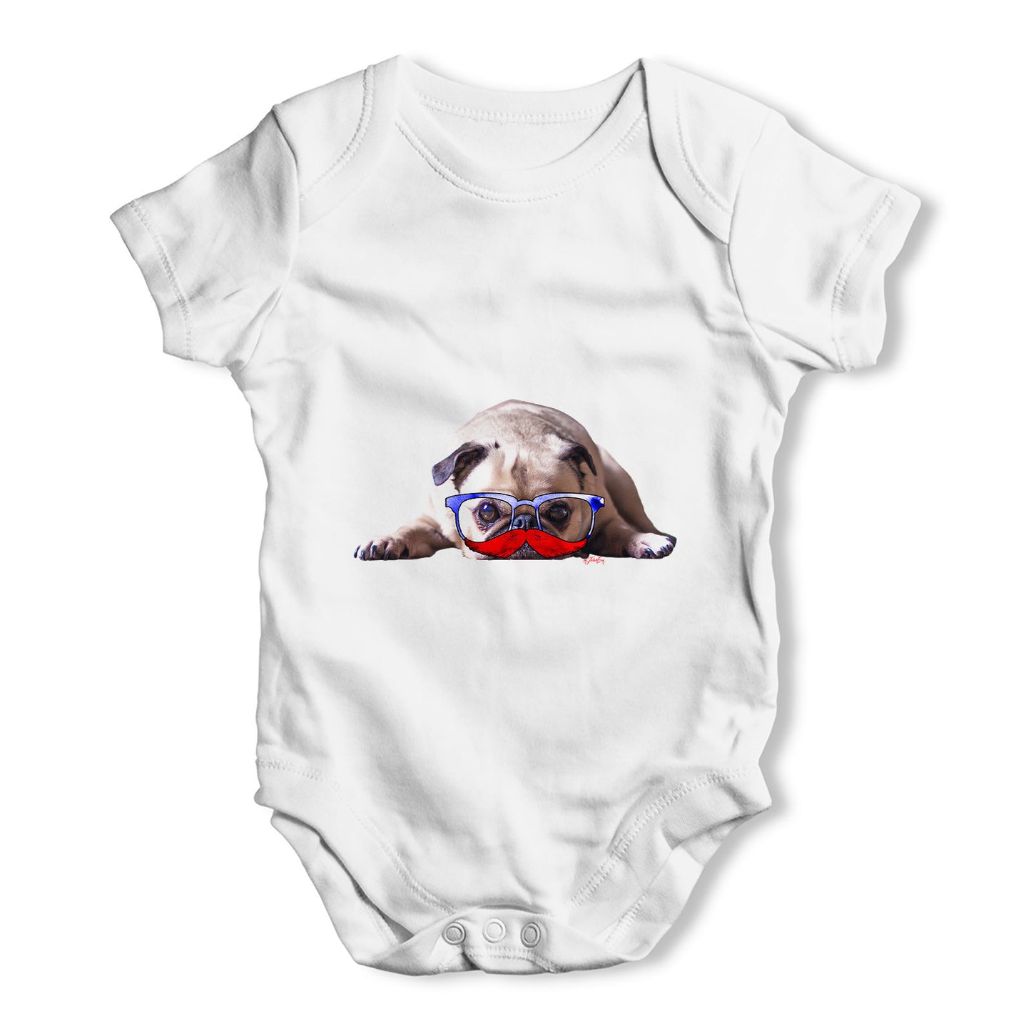 Hipster Mr Moustache Pug Baby Grow Bodysuit