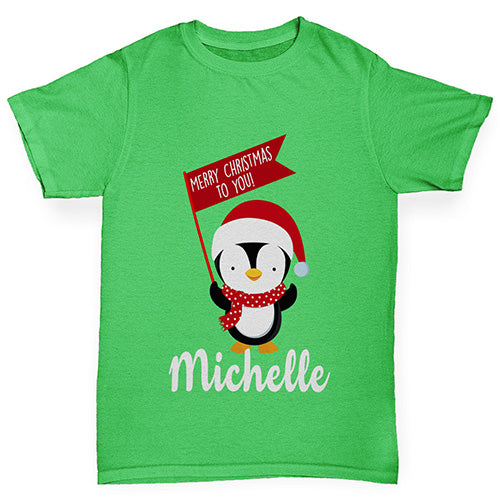 Personalised Xmas Penguin Boy's T-Shirt