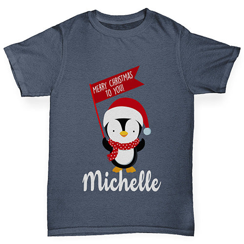 Personalised Xmas Penguin Boy's T-Shirt