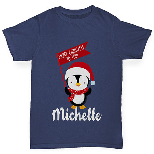 Personalised Xmas Penguin Boy's T-Shirt