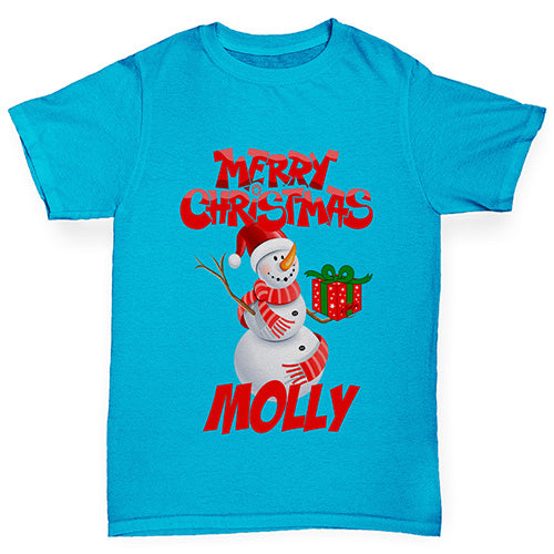 Merry Christmas Snowman Personalised Girl's T-Shirt 