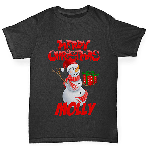 Merry Christmas Snowman Personalised Girl's T-Shirt 