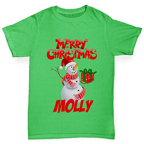 Merry Christmas Snowman Personalised Girl's T-Shirt 