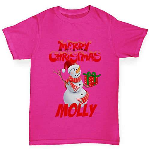 Merry Christmas Snowman Personalised Girl's T-Shirt 