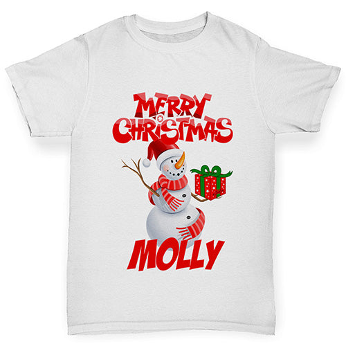 Merry Christmas Snowman Personalised Girl's T-Shirt 