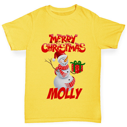 Merry Christmas Snowman Personalised Girl's T-Shirt 