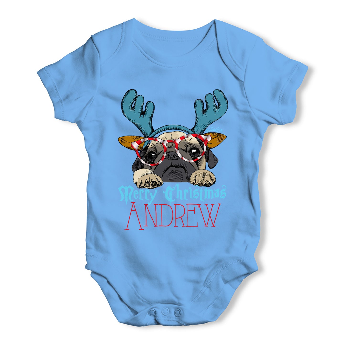 Personalised Candy Cane Pug Baby Grow Bodysuit