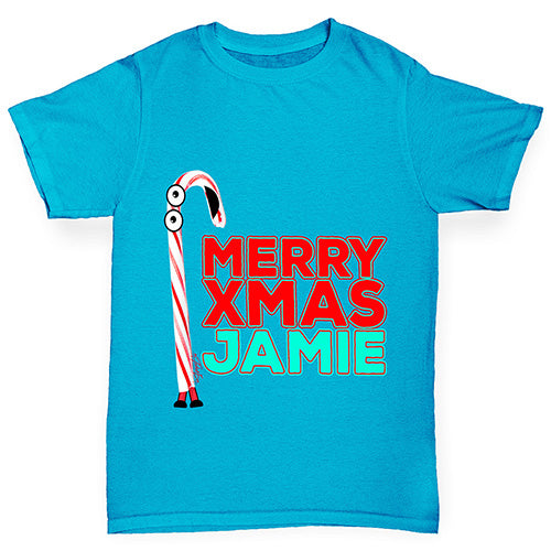 Personalised Cartoon Christmas Candy Cane Boy's T-Shirt