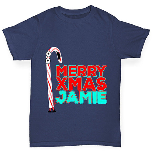 Personalised Cartoon Christmas Candy Cane Boy's T-Shirt