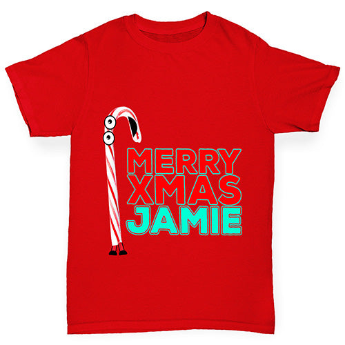 Personalised Cartoon Christmas Candy Cane Boy's T-Shirt