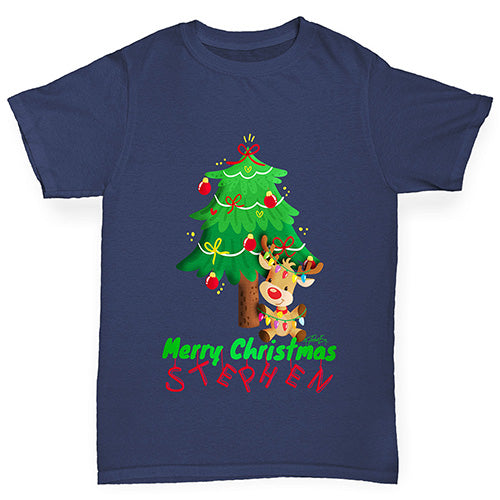 Personalised Merry Christmas Reindeer Tree Boy's T-Shirt