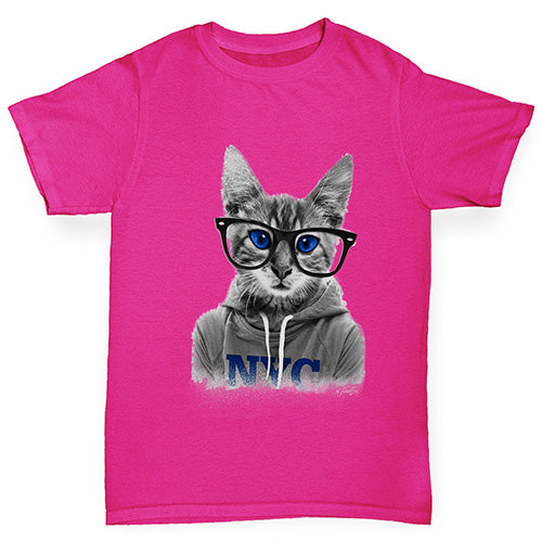 Girls novelty t shirts Nerdy Cat NYC Girl's T-Shirt Age 5-6 Pink
