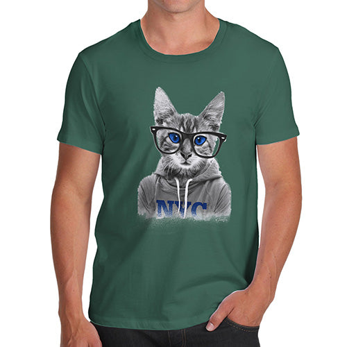 Mens Novelty T Shirt Christmas Nerdy Cat NYC Men's T-Shirt Large Bottle Green