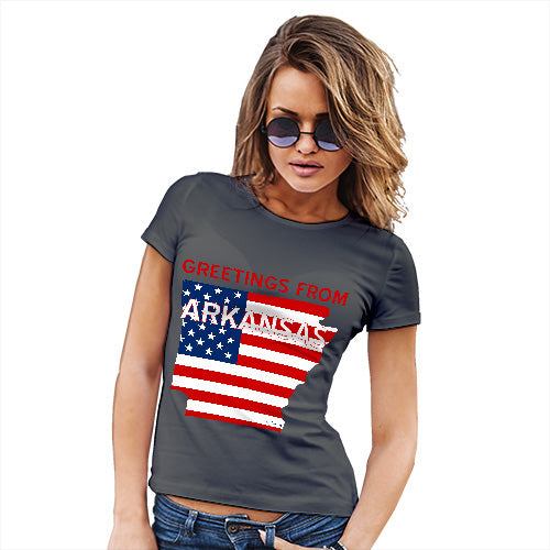 Womens Humor Novelty Graphic Funny T Shirt Greetings From Arkansas USA Flag Women's T-Shirt Large Dark Grey