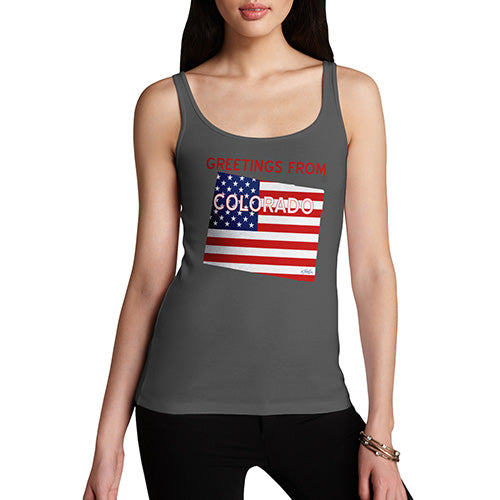 Women Funny Sarcasm Tank Top Greetings From Colorado USA Flag Women's Tank Top Medium Dark Grey