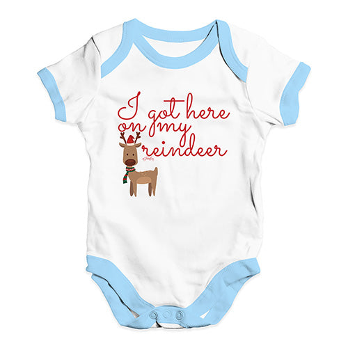 Funny Baby Bodysuits I Got Here On My Reindeer Baby Unisex Baby Grow Bodysuit 3 - 6 Months White Blue Trim