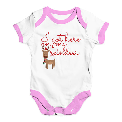 Funny Infant Baby Bodysuit I Got Here On My Reindeer Baby Unisex Baby Grow Bodysuit 0 - 3 Months White Pink Trim