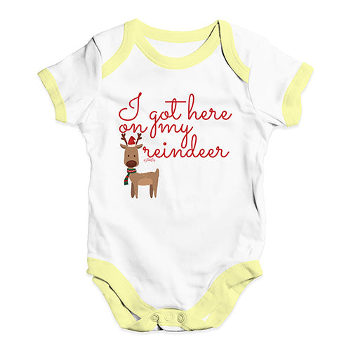 Funny Baby Onesies I Got Here On My Reindeer Baby Unisex Baby Grow Bodysuit 0 - 3 Months White Yellow Trim