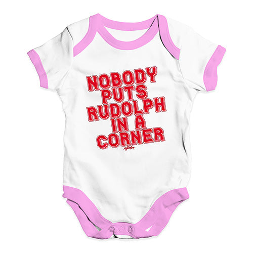 Baby Grow Baby Romper Nobody Puts Rudolph In A Corner Baby Unisex Baby Grow Bodysuit 3 - 6 Months White Pink Trim