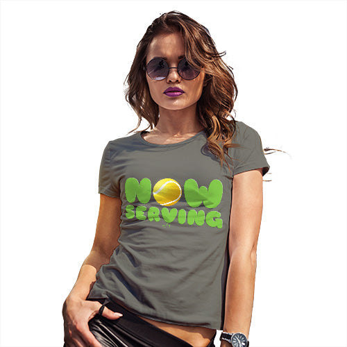 Funny T-Shirts For Women Now Serving Tennis Women's T-Shirt Medium Khaki